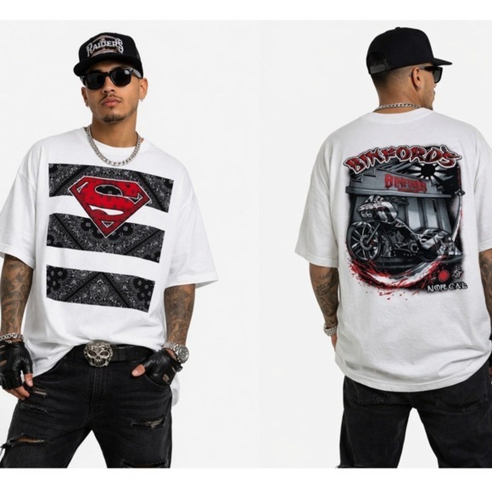 Superman AKA Binford's Custom Cycles Nor Cal Bananda White Tee Size‎ 2XL
